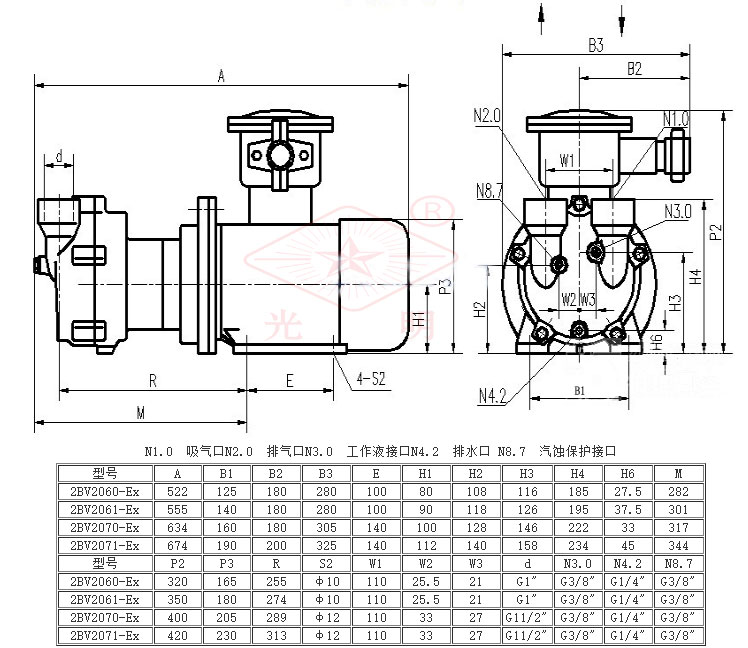 2BV型水环式真空泵的安装尺寸图
