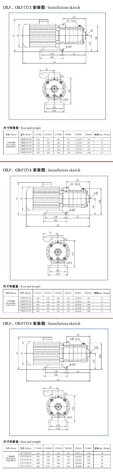 CHLF(T)轻型不锈钢多级离心泵安装图、尺寸及重量