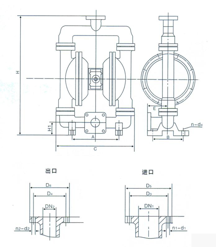 QBY不锈钢气动隔膜泵安装尺寸图