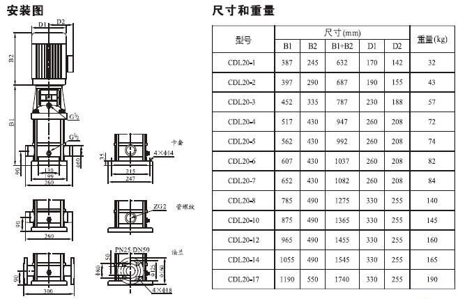 CDLF系列轻型不锈钢立式多级泵安装尺寸及重量