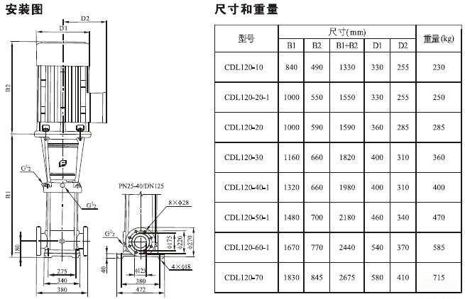 CDLF系列轻型不锈钢立式多级泵安装尺寸及重量